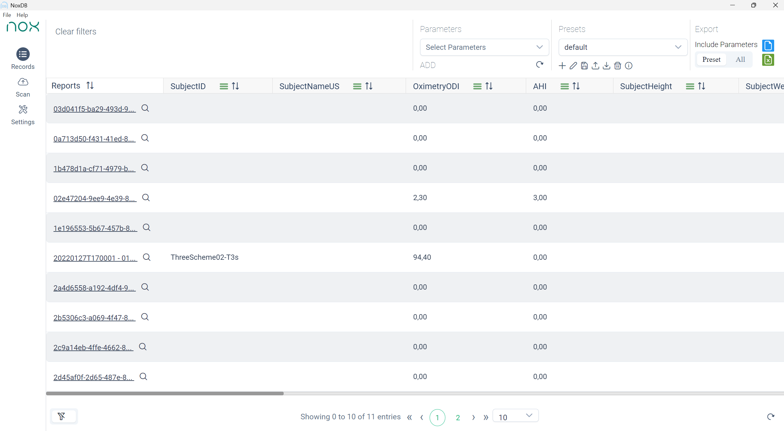 NoxDB Records overview with filters, sortable columns, presets, and export controls