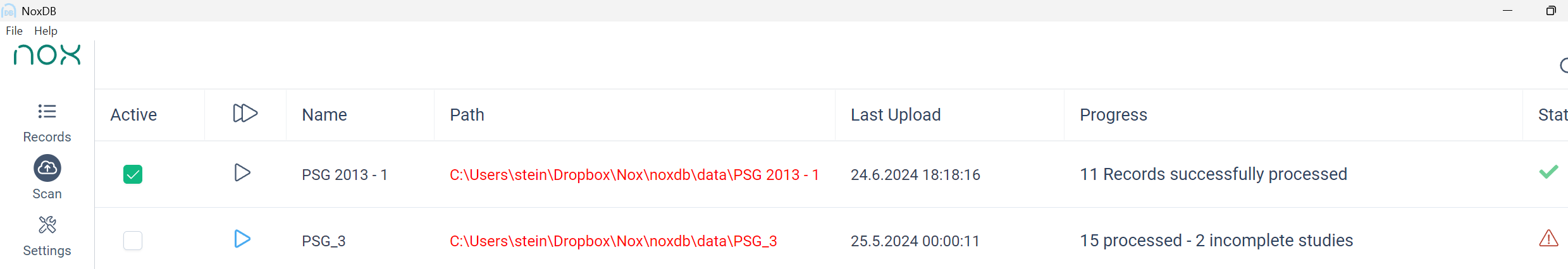 NoxDB Scan view showing active scan jobs and processing progress