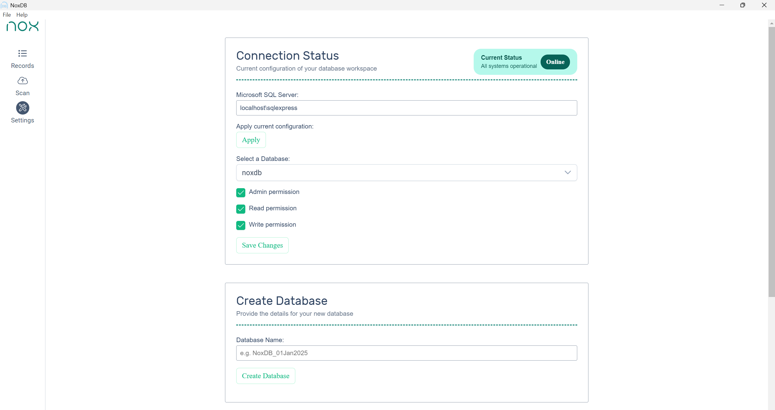 NoxDB Settings view with connection status, SQL configuration, and database permissions